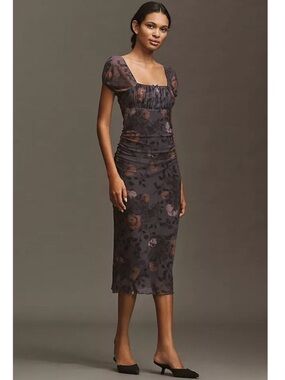 Maeve Puff-Sleeve Square-Neck Mesh Midi Dress